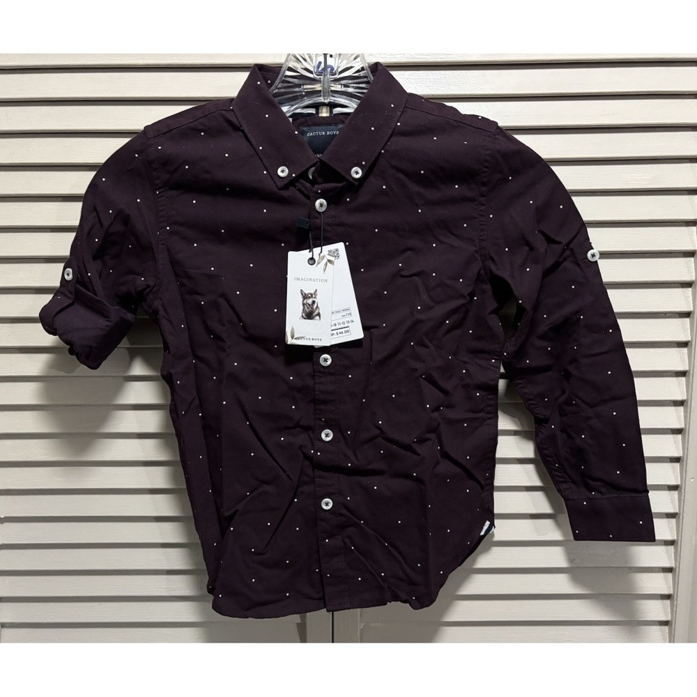 Cactus‎ Boys Youth Long Tab Sleeve Button Up Plum Polkadot Shirt Size 5-6 NWT